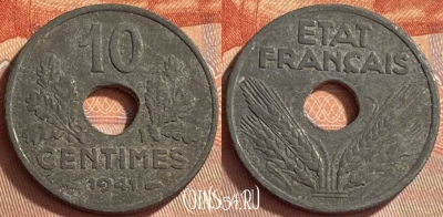Франция 10 сантимов 1941 года, KM# 898, 417o-021