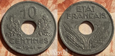 Франция 10 сантимов 1941 года, KM# 898, 494р-110 ♛