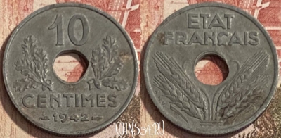 Франция 10 сантимов 1942 года, KM# 898, 088s-065 ♛