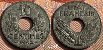 Франция 10 сантимов 1942 года, KM# 898, 164s-081 ♛