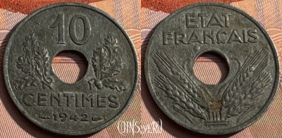 Франция 10 сантимов 1942 года, KM# 898, 165s-063 ♛