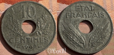 Франция 10 сантимов 1942 года, KM# 898, 166s-018 ♛