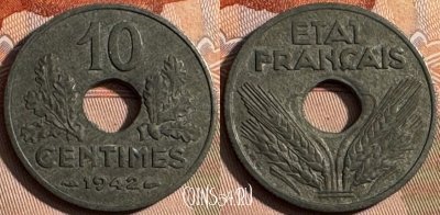 Франция 10 сантимов 1942 года, KM# 898, 245s-102 ♛