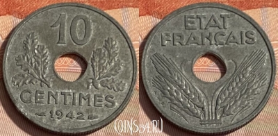 Франция 10 сантимов 1942 года, KM# 898, 294q-087 ♛