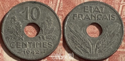 Франция 10 сантимов 1942 года, KM# 898, 296p-044 ♛