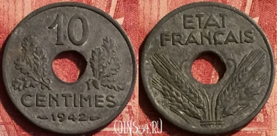 Франция 10 сантимов 1942 года, KM# 898, 351o-008
