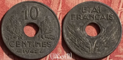 Франция 10 сантимов 1942 года, KM# 898, 364o-072