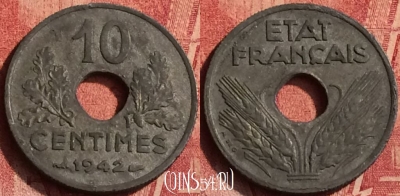 Франция 10 сантимов 1942 года, KM# 898, 364o-077