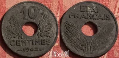 Франция 10 сантимов 1942 года, KM# 898, 368o-026