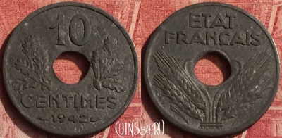 Франция 10 сантимов 1942 года, KM# 898, 370o-100