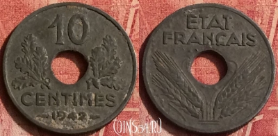 Франция 10 сантимов 1942 года, KM# 898, 370o-125