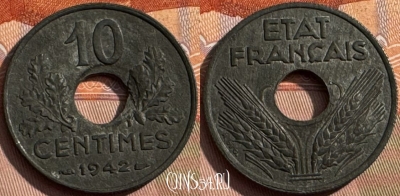 Франция 10 сантимов 1942 года, KM# 898, 390s-063