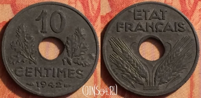 Франция 10 сантимов 1942 года, KM# 898, 440o-085 ♛