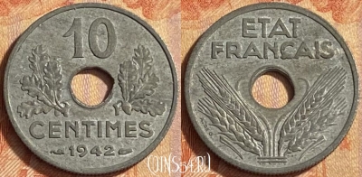 Франция 10 сантимов 1942 года, KM# 898, 449o-128 ♛