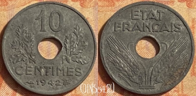 Франция 10 сантимов 1942 года, KM# 898, 451o-017