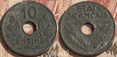 Франция 10 сантимов 1943 г. new, 17mm, KM# 903, 090s-043 ♛