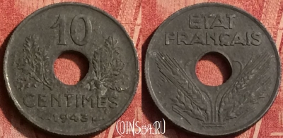 Франция 10 сантимов 1943 г. old, 21mm, KM# 898, 363o-141