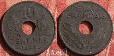 Франция 10 сантимов 1943 г. old, 21mm, KM# 898, 364o-013