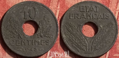 Франция 10 сантимов 1943 г. old, 21mm, KM# 898, 364o-038