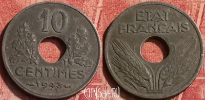 Франция 10 сантимов 1943 г. old, 21mm, KM# 898, 370o-135 ♛