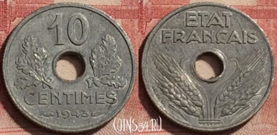 Франция 10 сантимов 1943 года, KM# 903, 192l-130