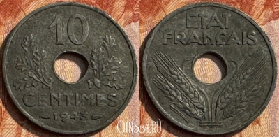 Франция 10 сантимов 1943 г. old, 21mm, KM# 898, 282s-053 ♛
