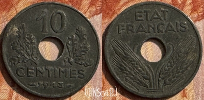 Франция 10 сантимов 1943 г. old, 21mm, KM# 898, 282s-053