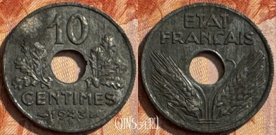 Франция 10 сантимов 1943 г. old, 21mm, KM# 898, 287s-143