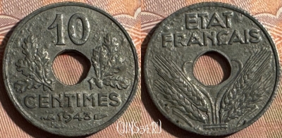 Франция 10 сантимов 1943 г. new, 17mm, KM# 903, 356s-111 ♛