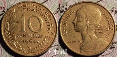 Франция 10 сантимов 1964 года, KM# 929, 60-067b