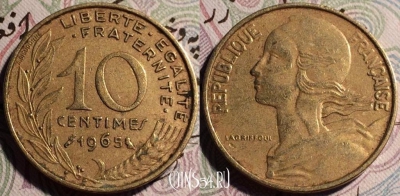 Франция 10 сантимов 1965 года, KM# 929, 60-068a