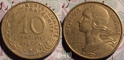 Франция 10 сантимов 1968 года, KM# 929, 60-070b