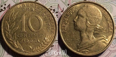 Франция 10 сантимов 1968 года, KM# 929, 60-070a