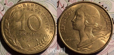 Франция 10 сантимов 1972 год, KM# 929, 60-072b