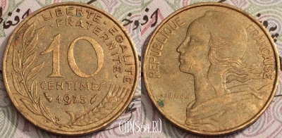 Франция 10 сантимов 1975 года, KM# 929, 61-010b