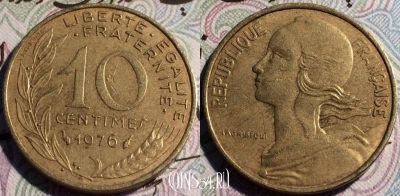 Франция 10 сантимов 1976 года, KM# 929, 61-001a