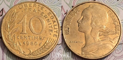 Франция 10 сантимов 1980 г., KM# 929, 61-011b
