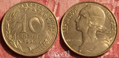 Франция 10 сантимов 1990 года, KM# 929, 348o-102