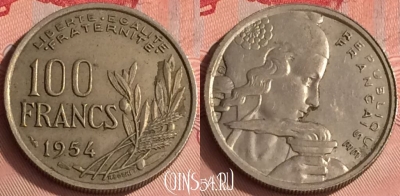 Франция 100 франков 1954 года, KM# 919, 320o-142 ♛