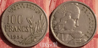Франция 100 франков 1954 года B, KM# 919, 337o-100