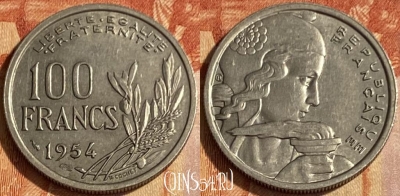Франция 100 франков 1954 года, KM# 919, 463q-119 ♛