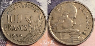 Франция 100 франков 1955 года B, KM# 919, a095-013