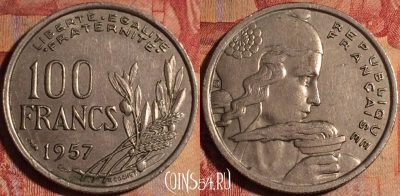 Франция 100 франков 1957 года, редкая, KM# 919, 170a-077