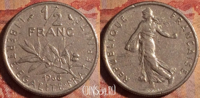 Франция 1/2 франка 1966 года, KM# 931, 170a-106