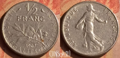 Франция 1/2 франка 1967 года, KM# 931, 154n-014