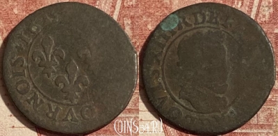 Франция 2 денье Double tournois 1615 года, 292p-039 ♛