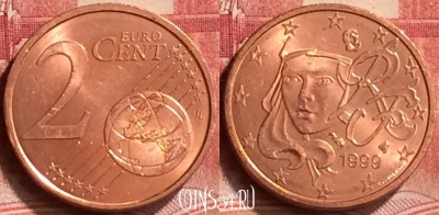Франция 2 евроцента 1999 года, KM# 1283, 173m-097