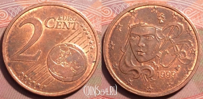 Франция 2 евроцента 1999 года, KM# 1283, 249-069