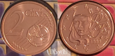 Франция 2 евроцента 1999 года, KM# 1283, BU, 401n-004 ♛