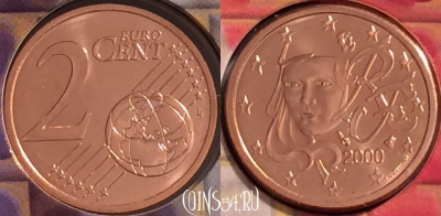 Франция 2 евроцента 2000 года, KM# 1283, BU, 401n-012 ♛